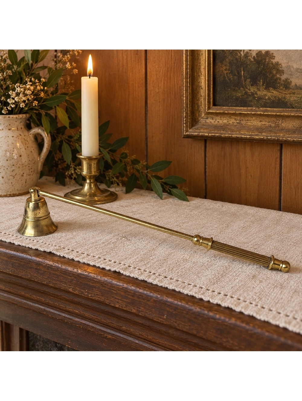 Vintage Brass Candle Snuffer 11 Inch Long Ribbed Handle Fireplace Decor